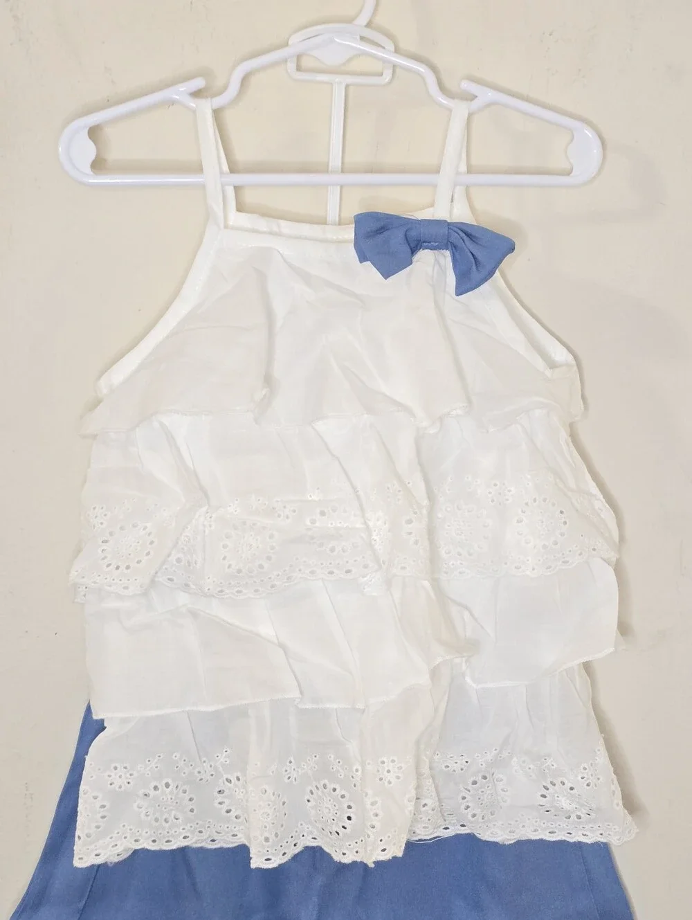 Girls White Eyelet Ruffle Tank & Blue Shorts Set Size 120 Summer Outfit Bow